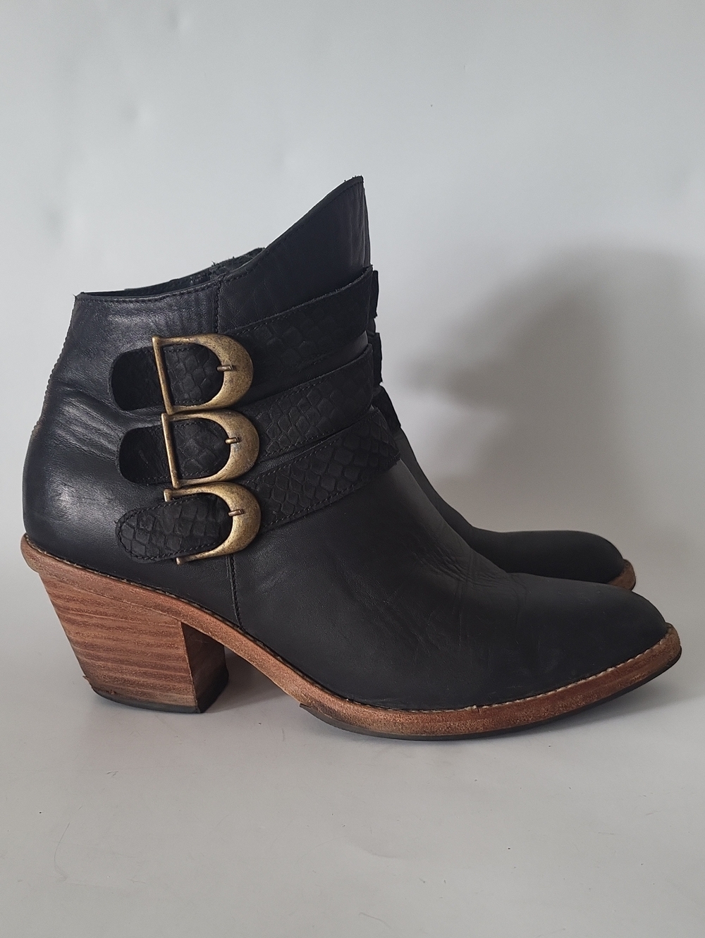 Poppy Barley Black Leather Three-Buckle Western Ankle Booties
